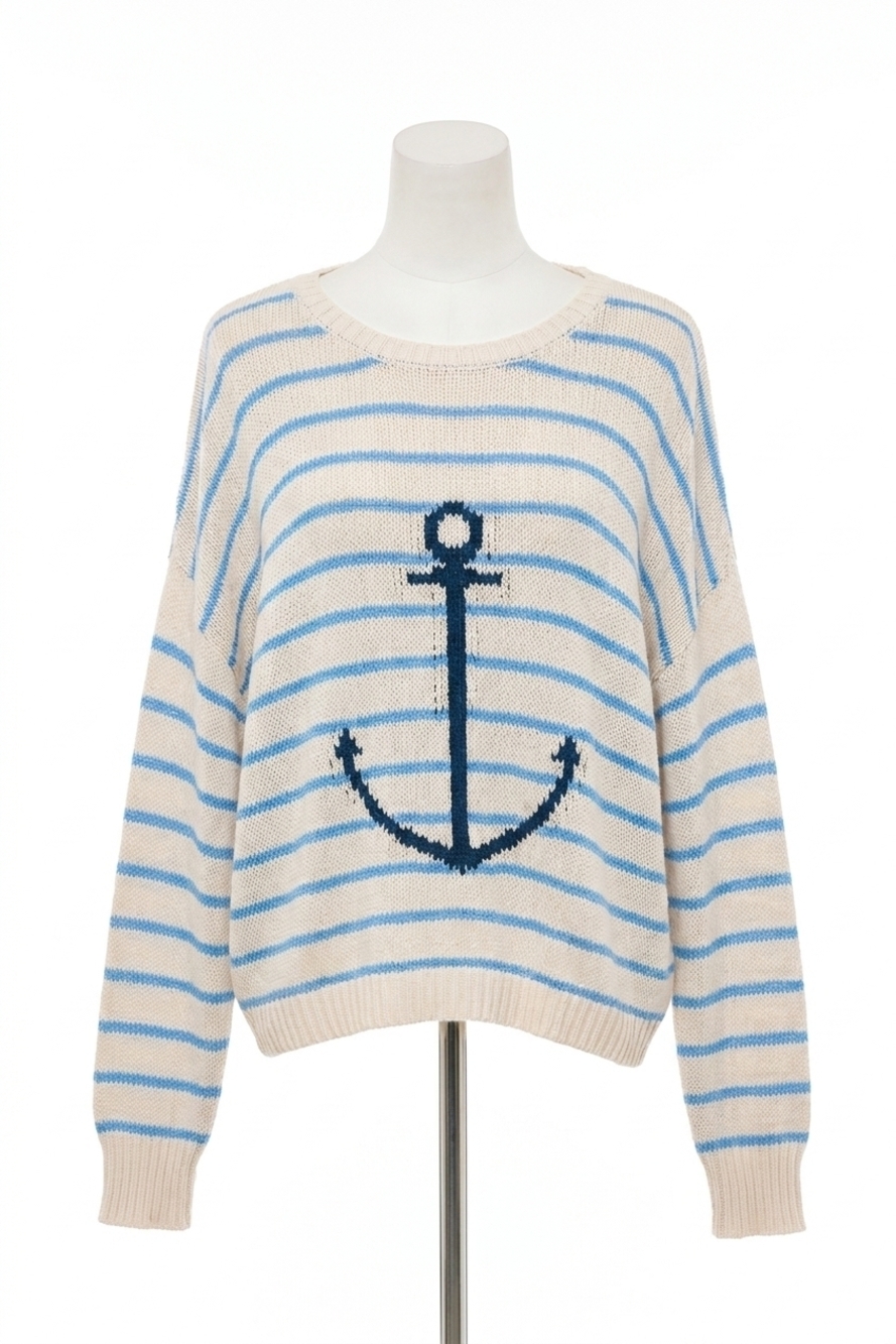 NEW VINTAGE HAVANA purl knit stripe sweater with anchor in white/blue